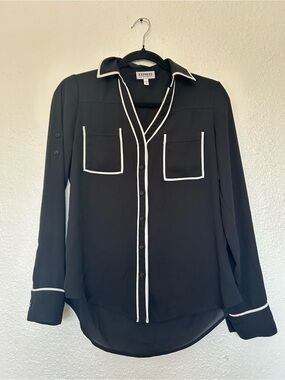 Express Black Blouse with White Piping Trim